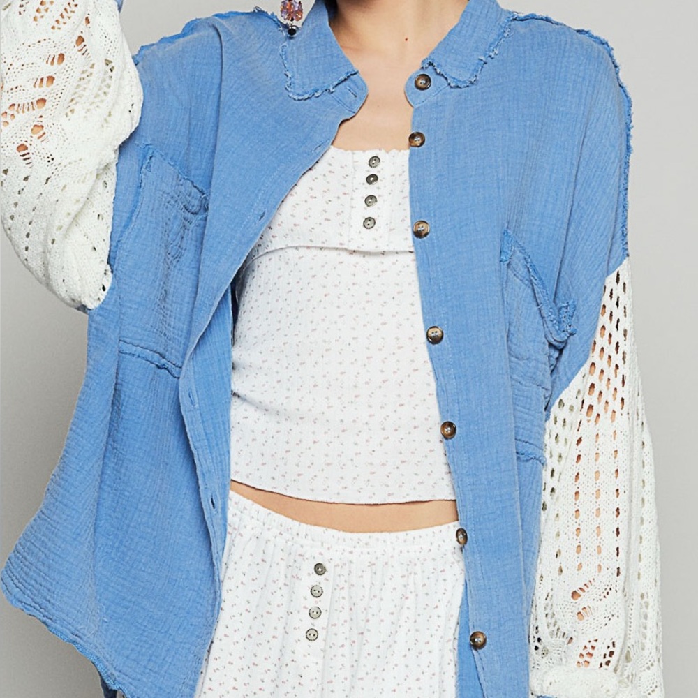 NEW P.O.L. Blue Gauze Button Down Shirt with Cream Crochet Knit Sleeves - Boho